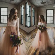 Новые свадебные платья в стиле Country с одежда с длинным рукавом Кружевное платье розового цвета из фатина с v-образной горловиной в богемном стиле сад пляжные свадебные Плюс Размеры свадебное платье