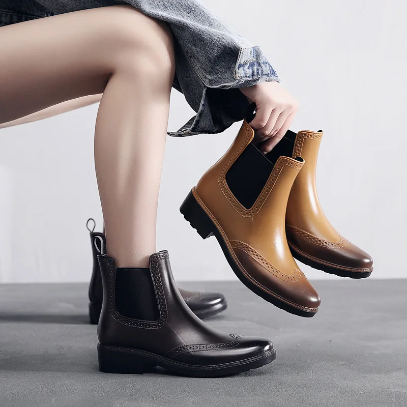 

Women Brogue Ankle Rain Chelsea Boots Elastic Band Slip On Waterproof Antiskid Bottom Outdoor Ladies Shoes zapatillas Mujer 103W
