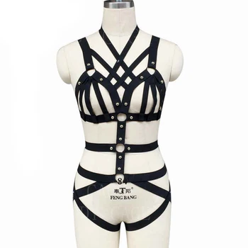 

bondage harness Rivet Goth Fetish Lingerie Black Elastic Sexy Harness Halloween Fashion Full dance dress New Fashion