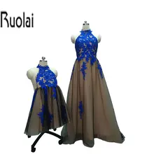 2017 la Madre Y La Niña Una Línea de Apliques de Encaje de Tul Azul Real Por Encargo Formal Largo Vestidos de Noche Para La Fiesta de Boda
