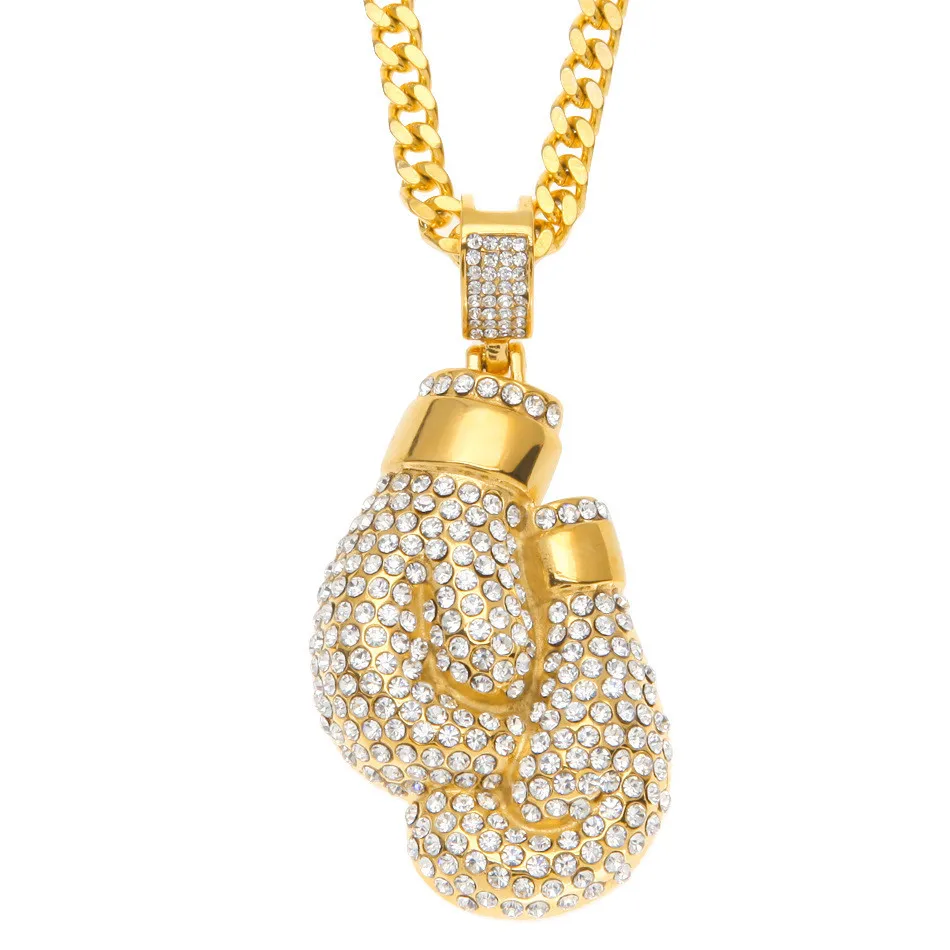 

Steel Nightclub Gold Boxing Gloves Pendants Men Women Bling Hip Hop Necklaces Full Rhinestone Jewelry Chains