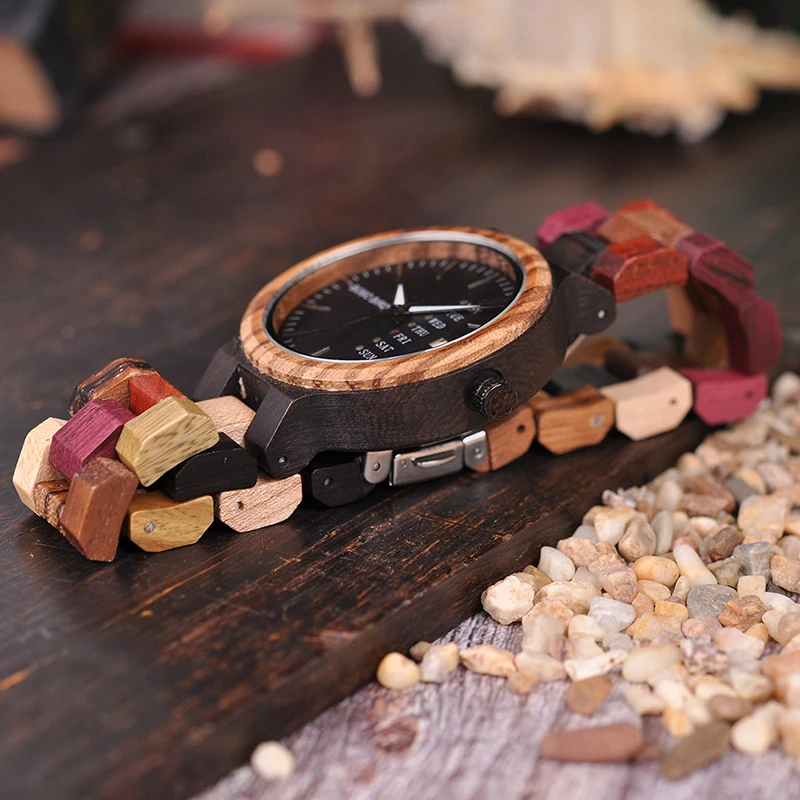 BOBO BIRD Luxury Designer Auto Date Colors Wooden Watches for Men Handmade Quartz Wrist Wristwatches relogio masculino C-P14- 1