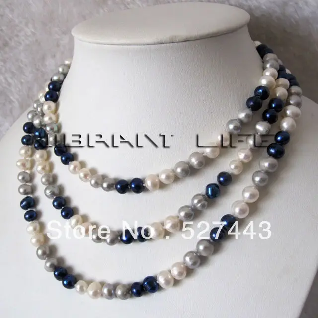 

Wholesale free shipping >>52" 7-8mm Multi Color White Gray Navy Freshwater Pearl Necklace