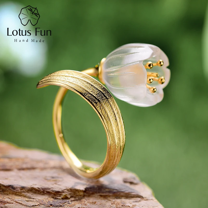 Skup Lotus Fun prawdziwe 925 srebro 18k złoty pierścień naturalny kryształ Handmade Fine Jewelry lilia doliny pierścienie kwiatowe dla kobiet