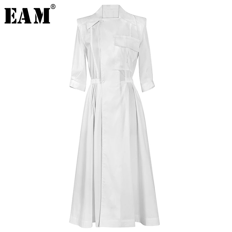 

[EAM] 2019 New Spring Summer Lapel Half Sleeve White Loose Waist Bandage Temperament Pleated Dress Women Fashion Tide JU1290