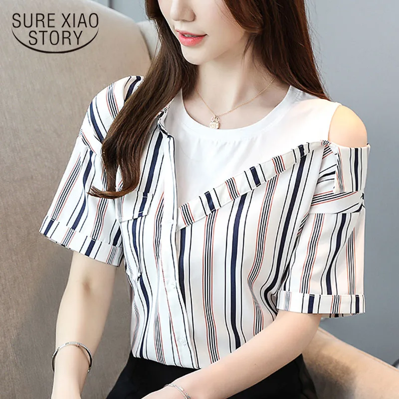 

Women tops and blouse chiffon blouse ladies tops off shoulder top Spliced O-Neck Striped shirts white blouse shirts 3457 50
