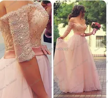 Freies Verschiffen 2015 Eine Linie Off Shuolder Lange Elegante Prom kleid Kristall Perlen Perlen Bodenlangen Lange Spitze Rosa Abendkleid kleider