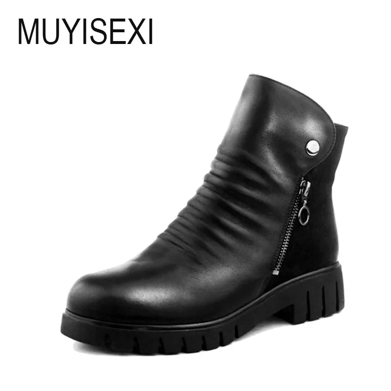 

Martin Boots Round Toe Women Ankle Boots Genuine Leather Zipper Boots Flat Platform Wool Winter Russia size 34-41 LID015MUYISEXI