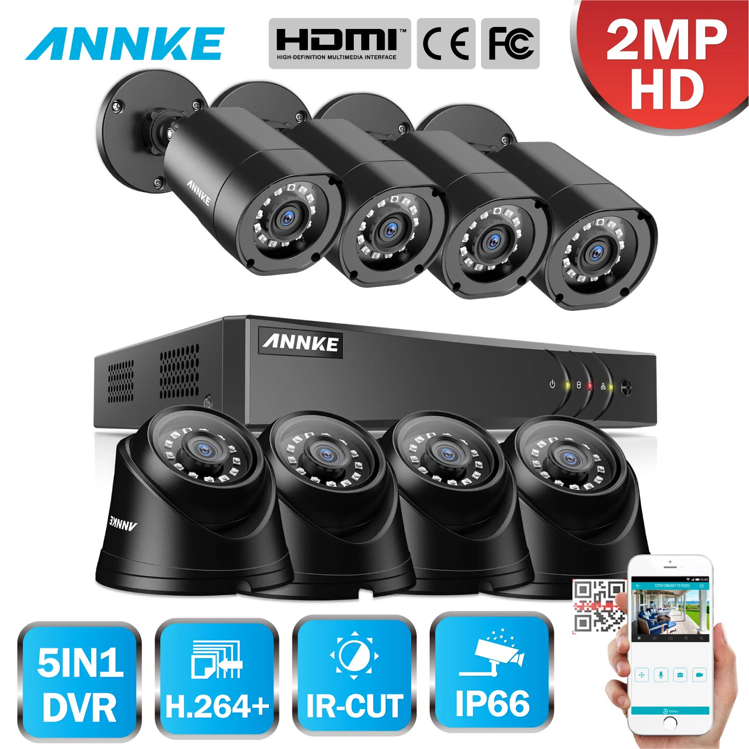 

ANNKE 1080P CCTV Camera DVR System 8pcs Bullet and Dome IP66 Waterproof 2.0MP Cameras Home Video Surveillance Kit