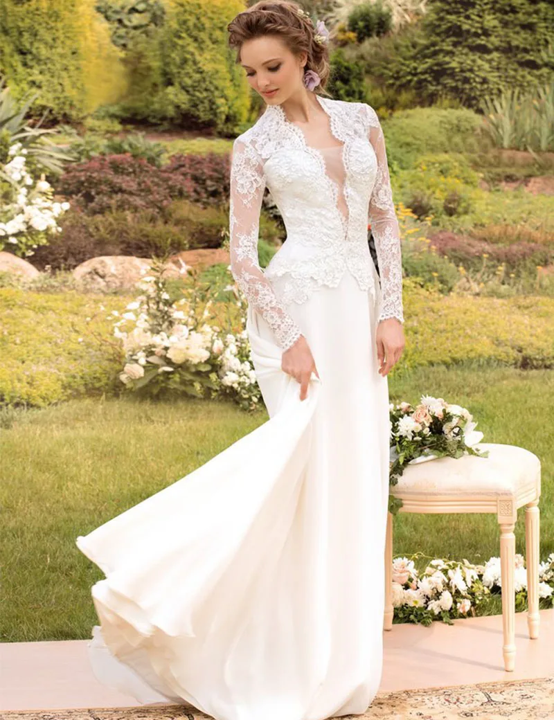 Long Sleeve High Neck Wedding Dress Appliqued Chiffon Wedding Gown