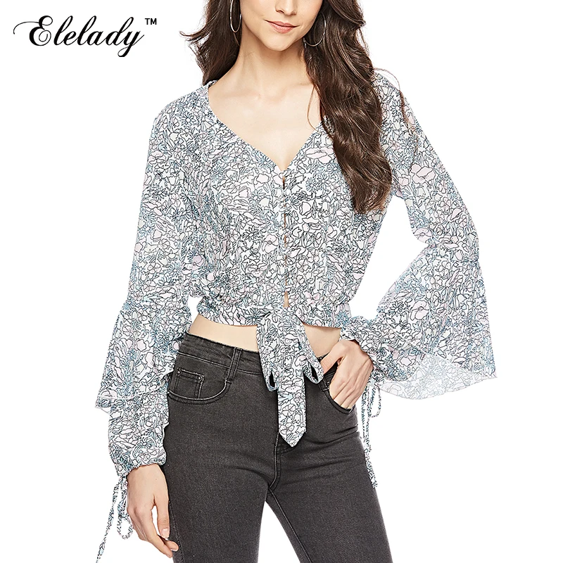 

Elelady Gray Floral Printed Autumn Shirt 2019 V-neck Sexy Flare Sleeve Fashion Lace Up Short Tops Casual clothing