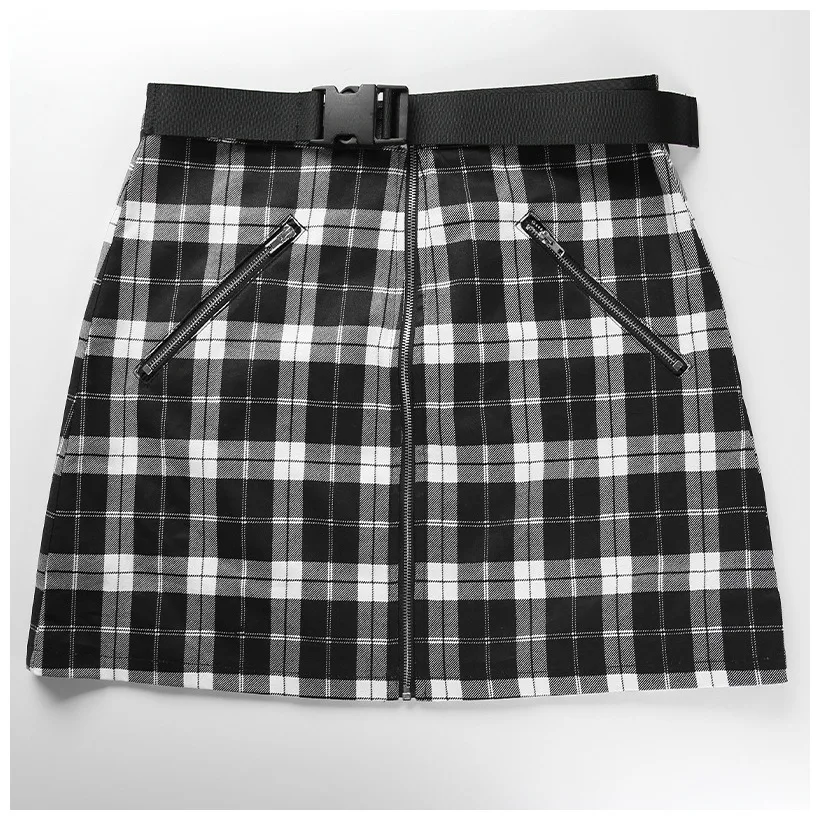 Черно-белая клетчатая Сексуальная мини-юбка, летняя повседневная клетчатая Женская юбка на молнии со шнуровкой и пуговицами в Корейском стиле, модные женские юбки