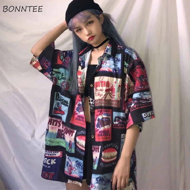 

Shirts Women Simple All-match Hip Hop Harajuku Trendy Korean Style Loose Printed Womens Leisure Single Breasted Ladies Blouses