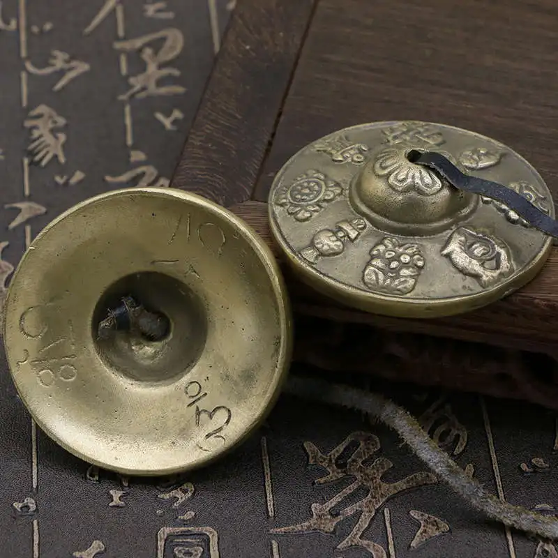 

TBC942 Tibetan Buddhist Singing Bells Pair Tibet Brass Golden Cymbals Eight Auspicious Babao Music