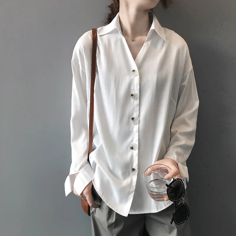 

Women Shirt 2019 Autumn New Style Long Sleeved Women Blouse V Neck Korean Fashion Chic Big Buttons Slit Cuff Oversize Loose Tops