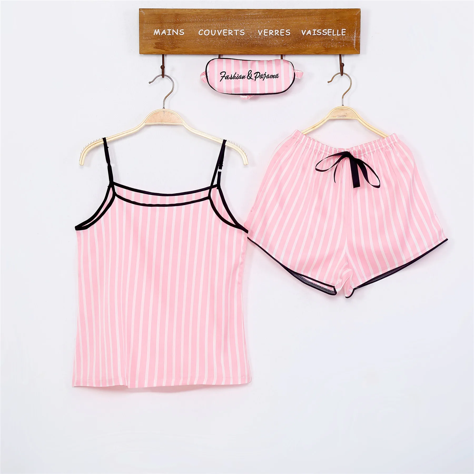 Pink Women's 7 Pieces Pajamas Sets Emulation Silk Striped Pajamas Women Homewear