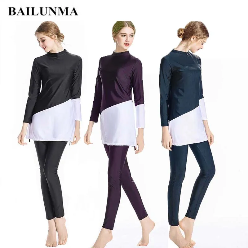 

BAILUNMA Women Burkinis Swimwear Splice Muslim Swimsuit Wear Sport Hijab Full Cover Modest Islamic Swimming Suits Plus Size 1039
