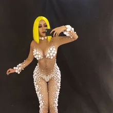 Настроить сексуальные белые маленькие шары Рождество комбинезон сценический костюм комбинезоны женские стрейч боди с имитацией обнаженного тела день рождения Празднование