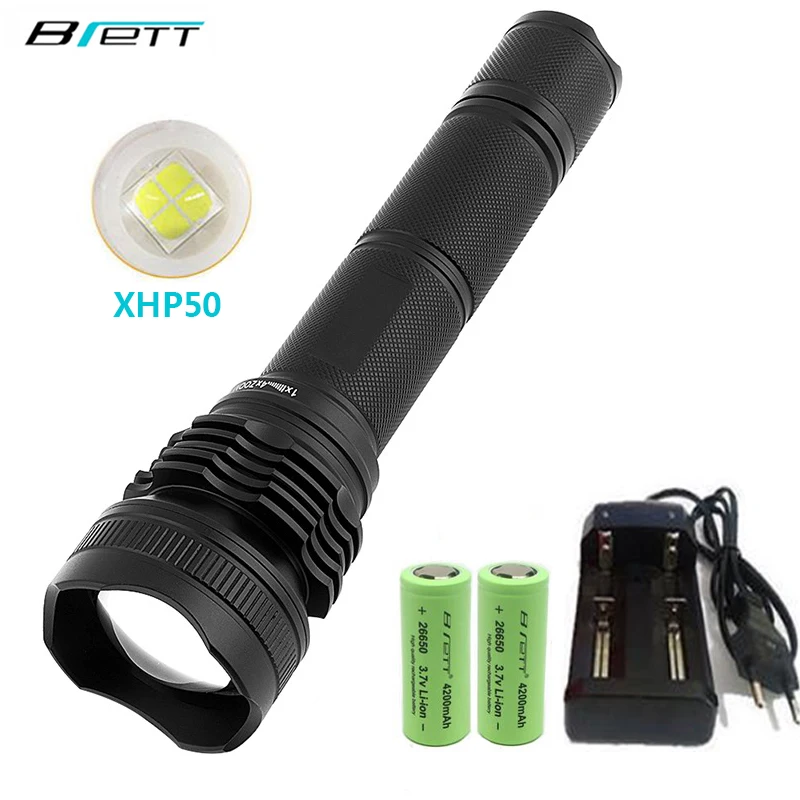 Torch flashlight XHP50 lamp beads Stretch zoom Use 26650 battery or