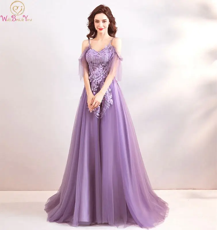 

Elegant Purple Prom Dress A-line Off Shoulder Spaghetti Straps V-neck Sweep Train Illusion Appliques Flowers Beading Tulle Gown
