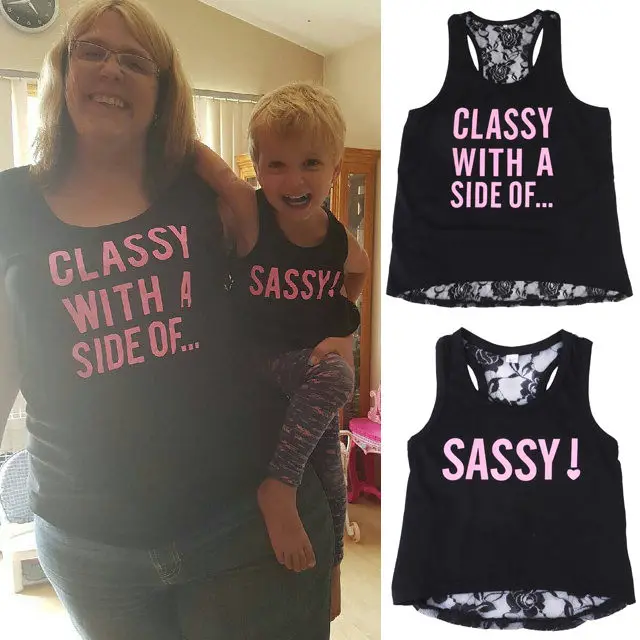 

Family Matching Outfits Mom and Baby Casual Pink Letters Print Vest Lace Tops Matching Set Outfit yu