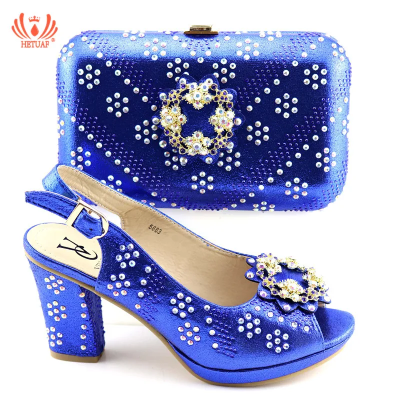 

Blue Color Ladies Italian Shoes and Bag Set Decorated with Rhinestone Nigerian Shoes and Matching Bags African Wedding Sandals