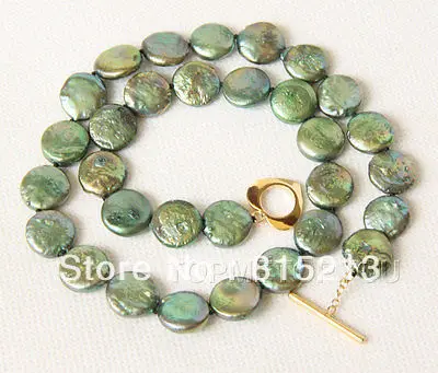 

ddh00853 Charming!! 12mm Green round coin pearls necklace