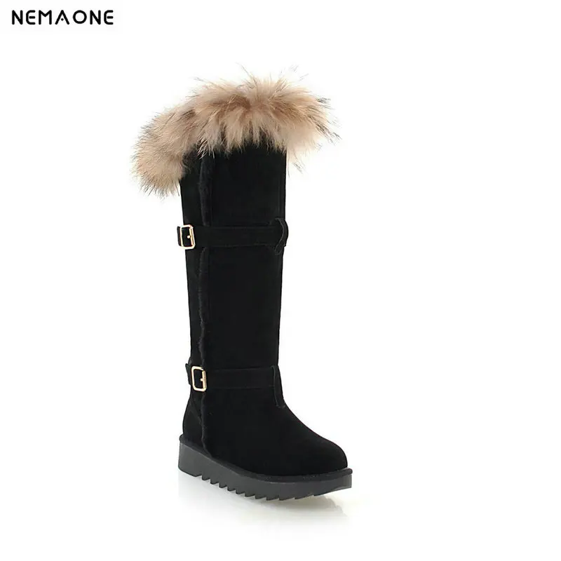 

NEMAONE women flat platform knee high snow boots winter warm ladies boots woman sexy fur shoes woman large size 43