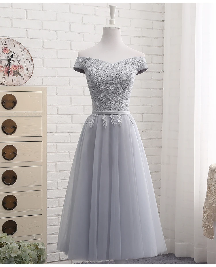 QNZL987#Off Shoulder Gauze gray lace up bridesmaid dresses new spring summer short Middle long style party prom dress girls