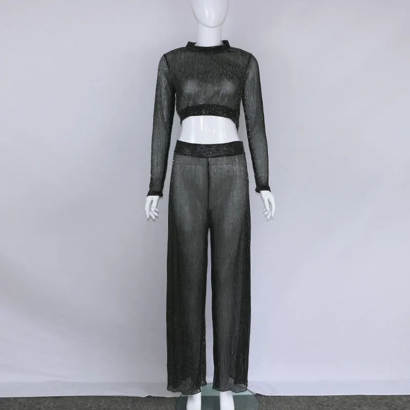 2018-Women-Tracksuits-Glitter-Sheer-Mesh-Long-Sleeve-Perspective-Tshirt-and-Wide-Leg-Long-Pants-Suit (1)