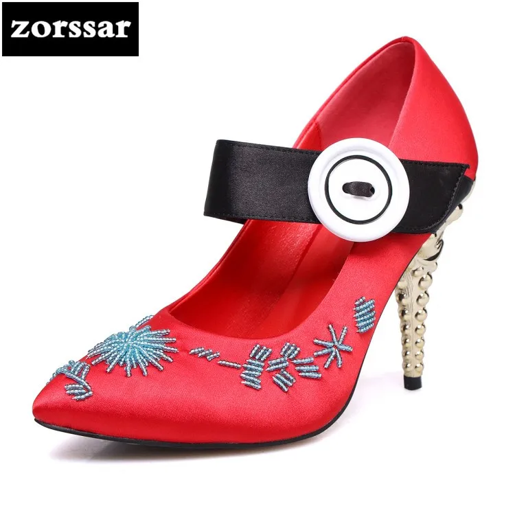 

{Zorssar} 2018 Spring New fashion string Bead Silk women pumps Shallow Pointed toe Thin Heels womens High heels wedding shoes