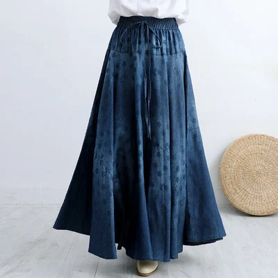 

Makuluya Classic High Quality Women's Vintage Ethnic Flower Pattern Printing Bohemian Spliced Thin Denim Long Pleated Skirts L6