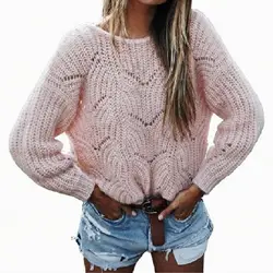 Трикотажные выдалбливают пуловер свитер с длинным рукавом розовый свободного кроя с круглым вырезом свитер джемпер Осенне-зимняя Дамская