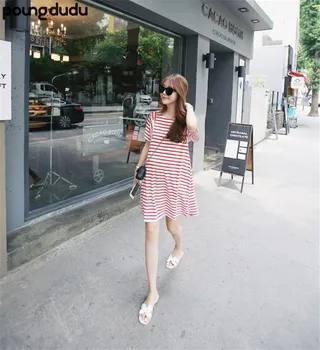 

Poungdudu maternity pregnant women dress short-sleeved loose large size Korean maternity dress spring shirt Pregnant women dress