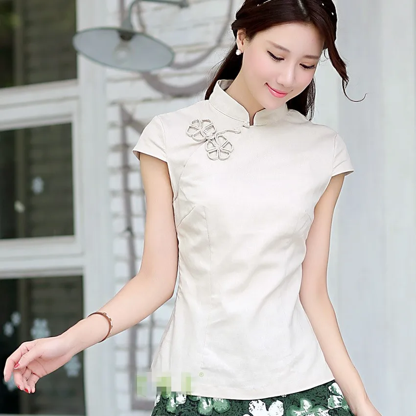 Однотонная бежевая Женская хлопковая льняное с короткими рукавами на пуговицах ручной работы, рубашка, Китайская традиционная Женская Обтягивающие футболки S-XXL TC367
