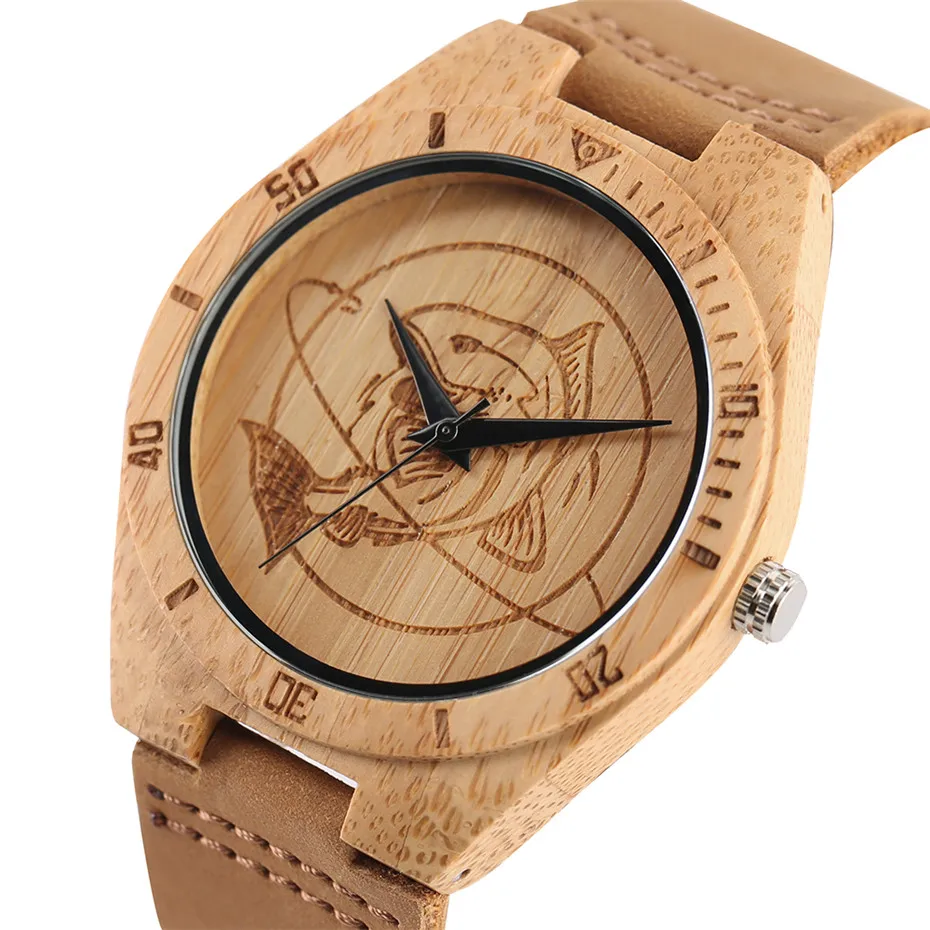 Creative Wood Watch Shark Fish Mens Womens Fashion Natural Bamboo Quartz Wrist Watch Sport Casual Wooden Leather Lucky Gifts Clock Relogio  (3)