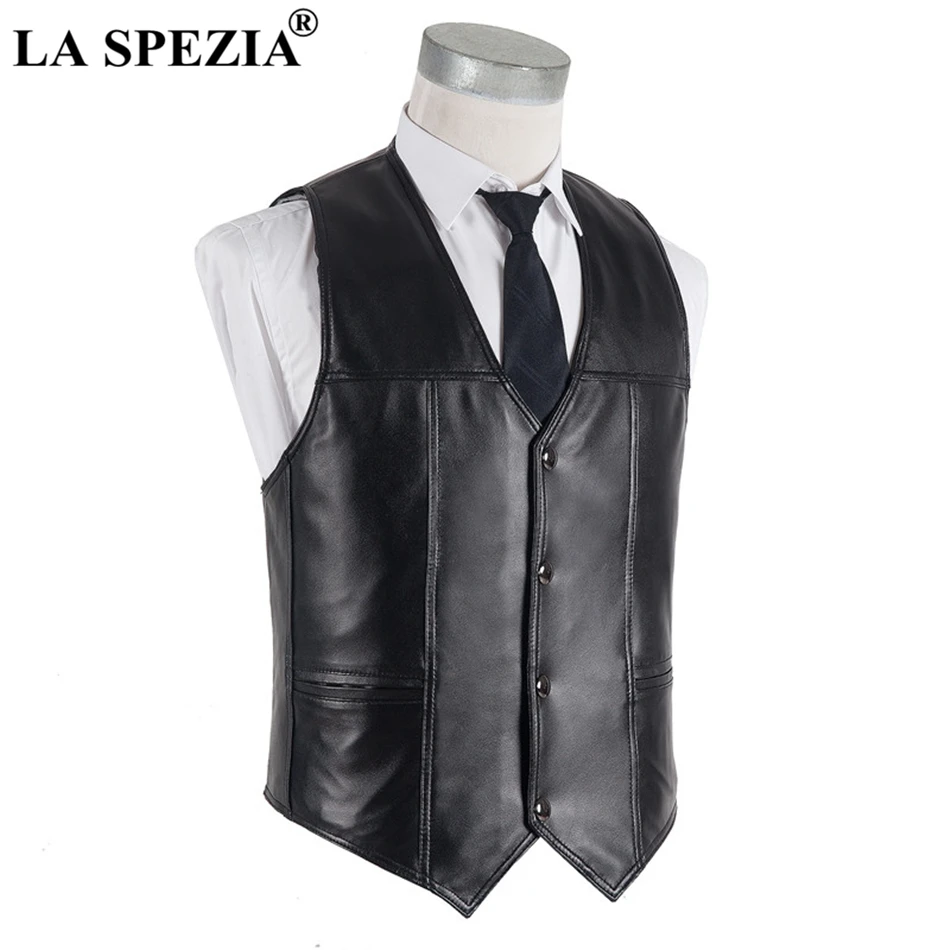 LA SPEZIA Men Sheepskin Vest Real Leather Waistcoat Plus Size Black Genuine Leather Jacket Male Luxurious Vest For Spring Autumn LA SPEZIA Men Sheepskin Vest Real Leather Waistcoat Plus Size Black Genuine Leather Jacket Male Luxurious Vest For Spring Autumn