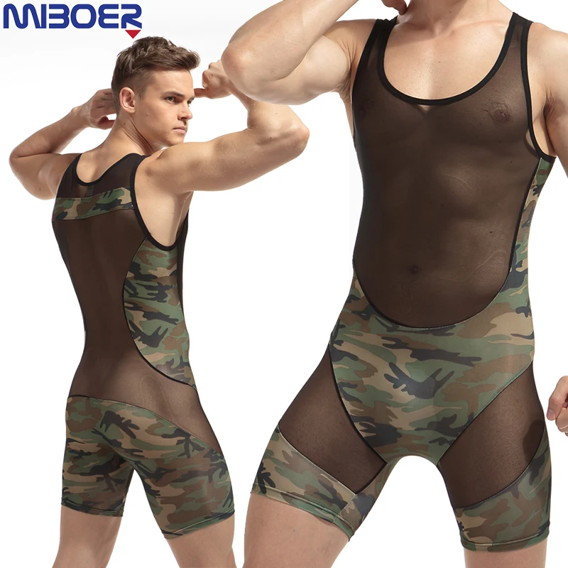 Jumpsuit Men Sexy Wresting Undershirts Shapper Camouflage Nylon Ultra Thin Tight Splicing Body Fashion
