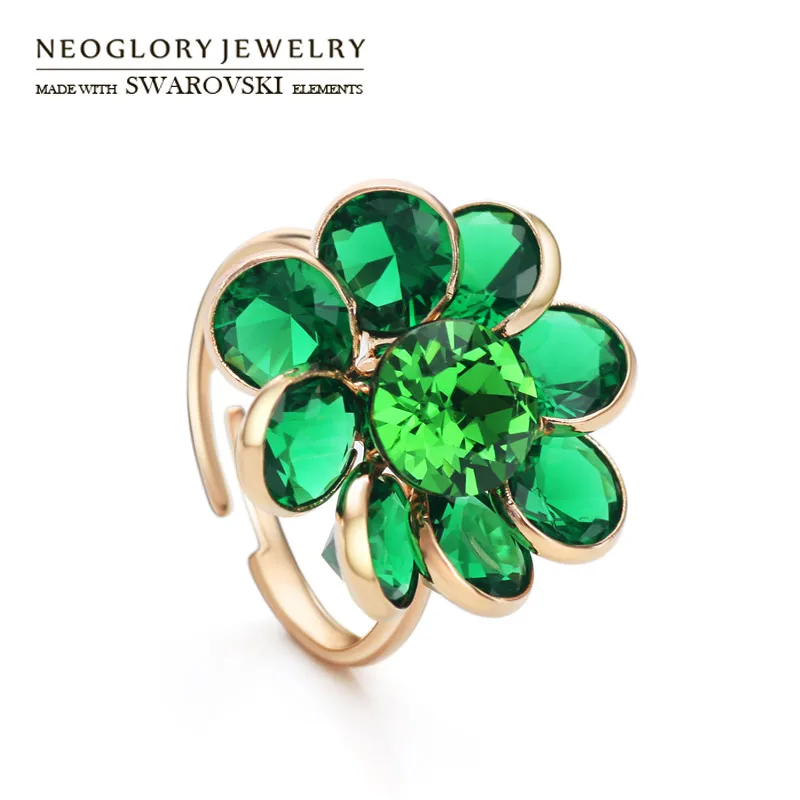 

Neoglory Austria Rhinestone & Zircon Adjustable Ring Green Flower Style Exquisite Rose Gold Color For Lady Party Sale Gift