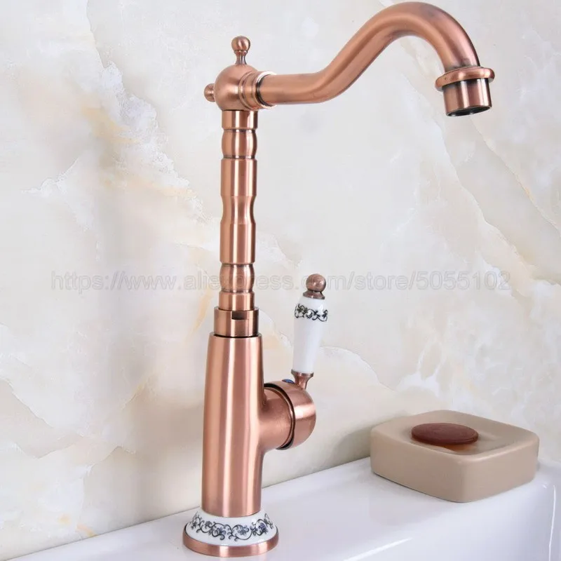 Bathroom Single Handle Hole Hot Cold Water Mixer Taps Wash Basin Bathroom Kitchen Deck Mounted Antique Red Copper znf625