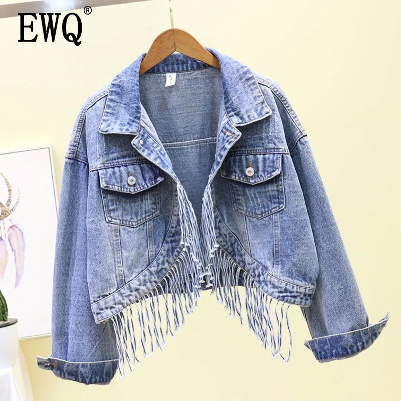 

[EWQ] 2019 Spring Autumn New Products Patchwork Long Sleeve Loose Ladies Top Asymmetrical Denim Jacket Female tassel Coat QJ167