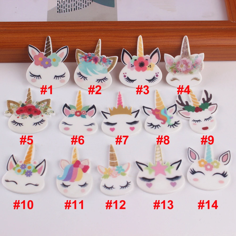

50pcs/lot Cute Cartoon Unicorn Acrylic Flatback Planar Resin Cabochon DIY Craft For Home Decoration Accessories 14 Styles FR159