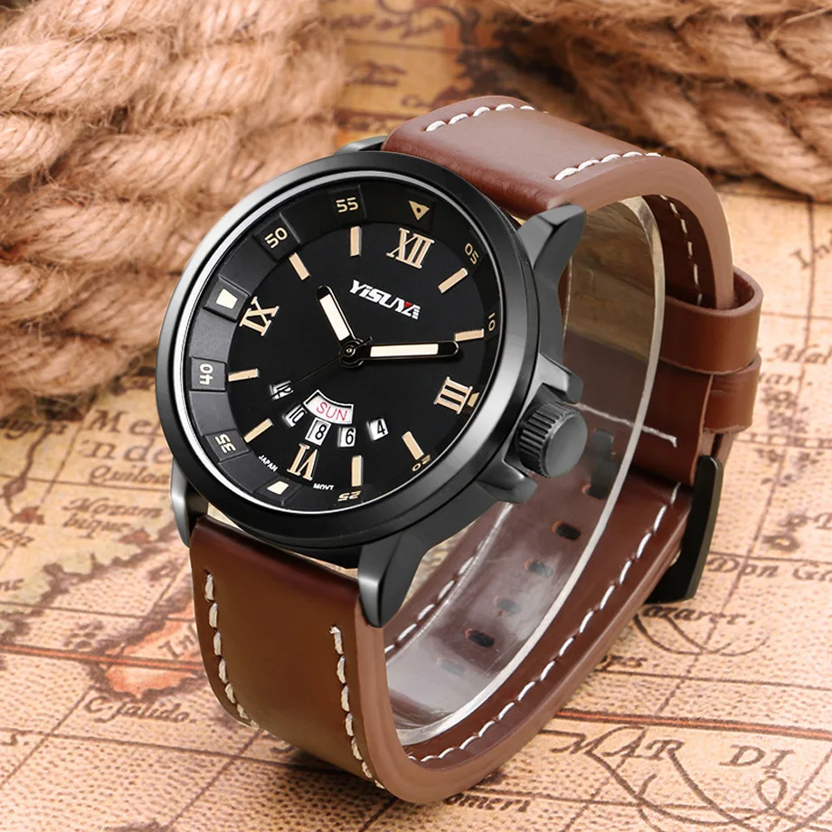 YISUYA Top Mens Watches Date Week Display Quartz Wristwatches Men Military Pilot Roman Numbers Male Sports Genuine Leather Clock (11)