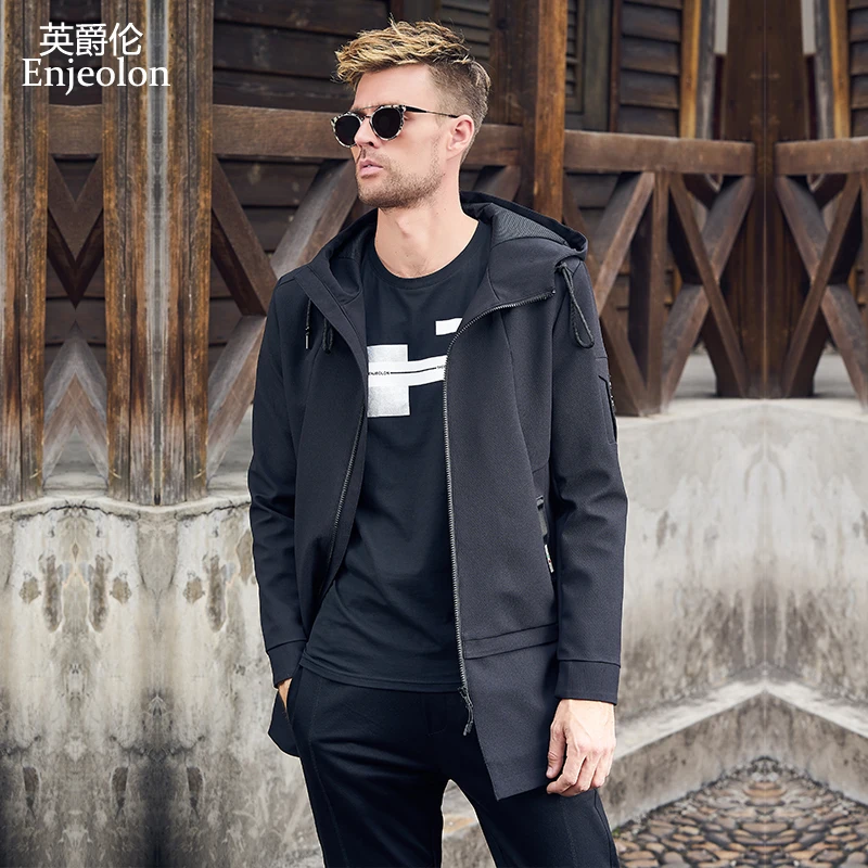 

Enjeolon brand long Bomber jackets coat men fall black solid Mens fashion jcaket coats male stand collar jacket coat men JK0466