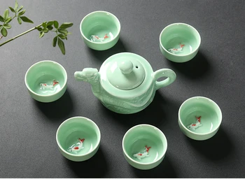 

China Longquan Tea Set Include 6pcs Teacup + 1pcs teapot,Celadon Dragon type Teaset,High quality elegant gaiwan easy teapot