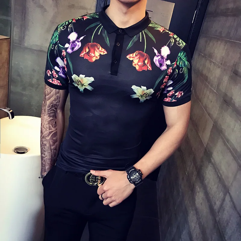 

Men's Polo Shirt Fashion Floral Print Men's Slim Fit Short Sleeve Camisa Men's Summer Casual Ice silk fabric Polo Polos Hombre
