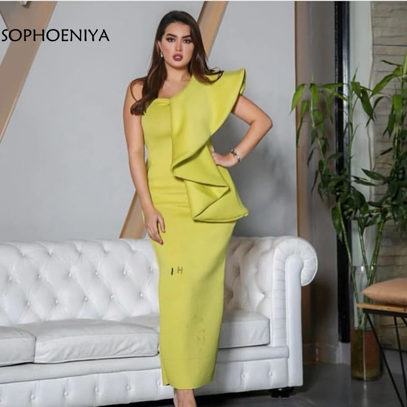 

New Arrival One shoulder Yellow Short evening dresses abiye elbiseler Muslim evening dress robe de soiree musulman