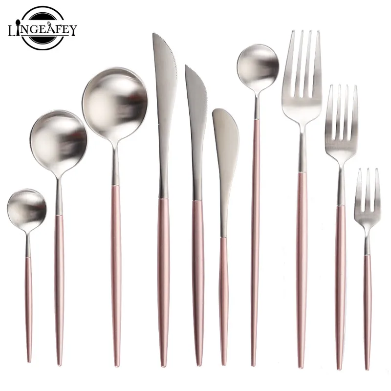 

Hot Sale Steel Cutlery Set Pink Silver Dinnerware Teaspoons Dessert Forks Spoons Butter Knives Chopstick Dinner Set Drop ship