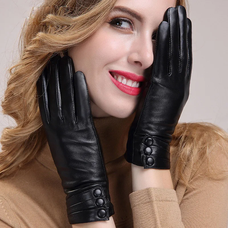 Genuine Leather Gloves Female Winter Sheepskin Gloves Women's Thicken Warm Leather Mittens Three Buttons Decoration MLZ014