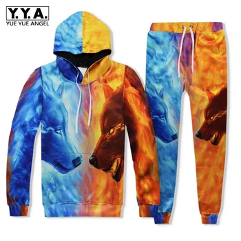 

Fashion Men 3D Wolf Printed Hip Hop Casual Hoody Sweatshirt 2pcs Set Colors Mixed Jogging Tracksuit Survetement Homme Streetwear